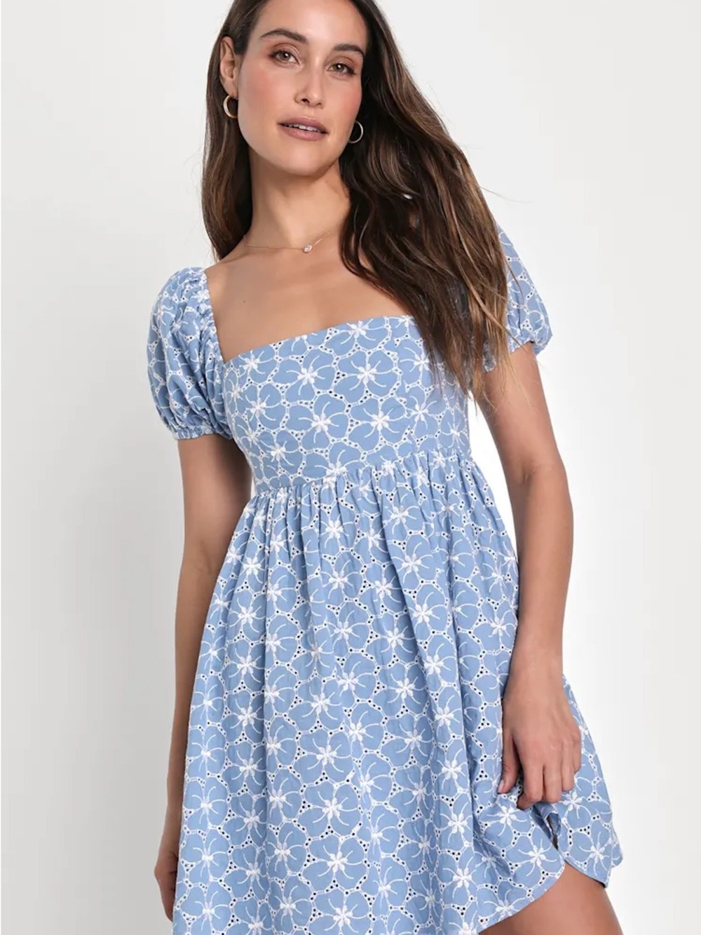 Fit to frolic blue eyelet lace puff sleeve baby doll dress